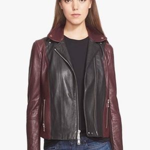 VINCE MOTO JACKET Very Cool Maroon/Black Color Block TEXTURED LEATHER, Size SM.